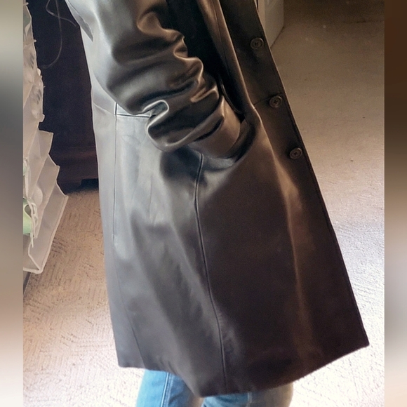 INC Leather Mid-length Coat sz L Chocolate Brown w/ Leopard lining - Picture 6 of 8